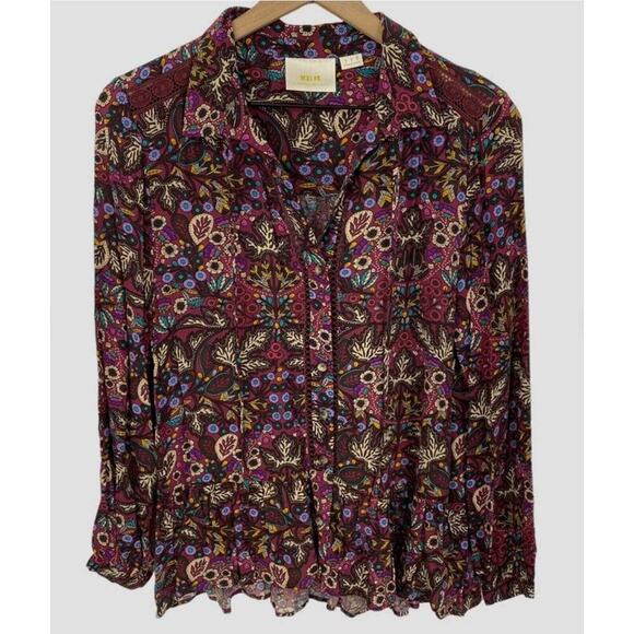 Maeve Anthropologie Burgundy Multicolor Floral Ruffle Hem Blouse Oversized Women - Picture 2 of 11
